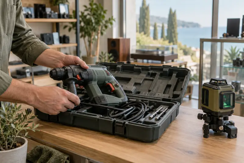 Перфоратор в кейсе и шуруповёрт на прилавке комиссионного магазина при осмотре