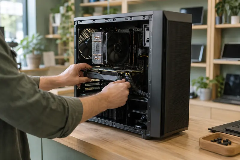 Специалист осматривает системный блок со снятой боковой крышкой на деревянном прилавке